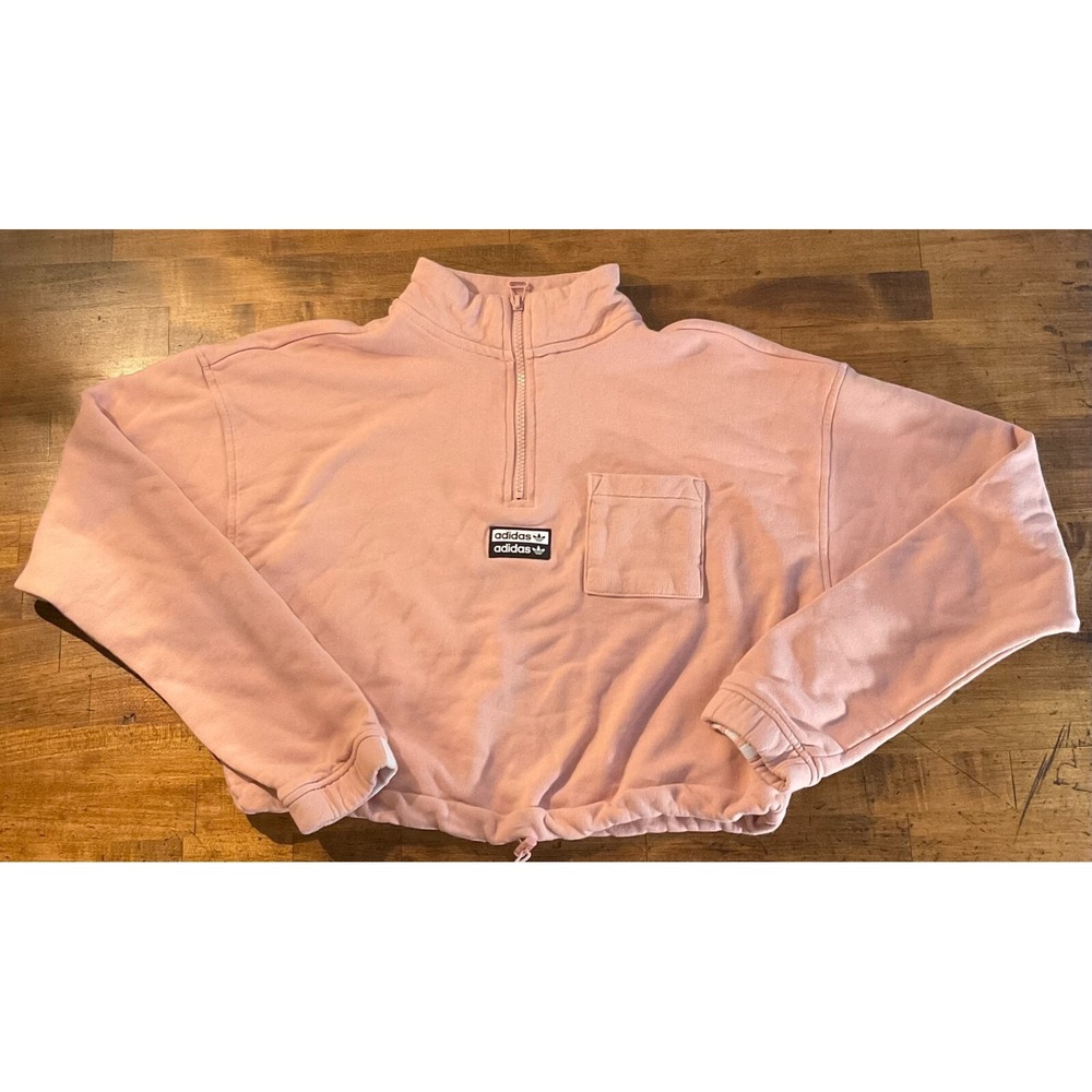 Adidas Women Pink Cropped Quarter Zip Sweatshirt Peach Trefoil Logo Size M